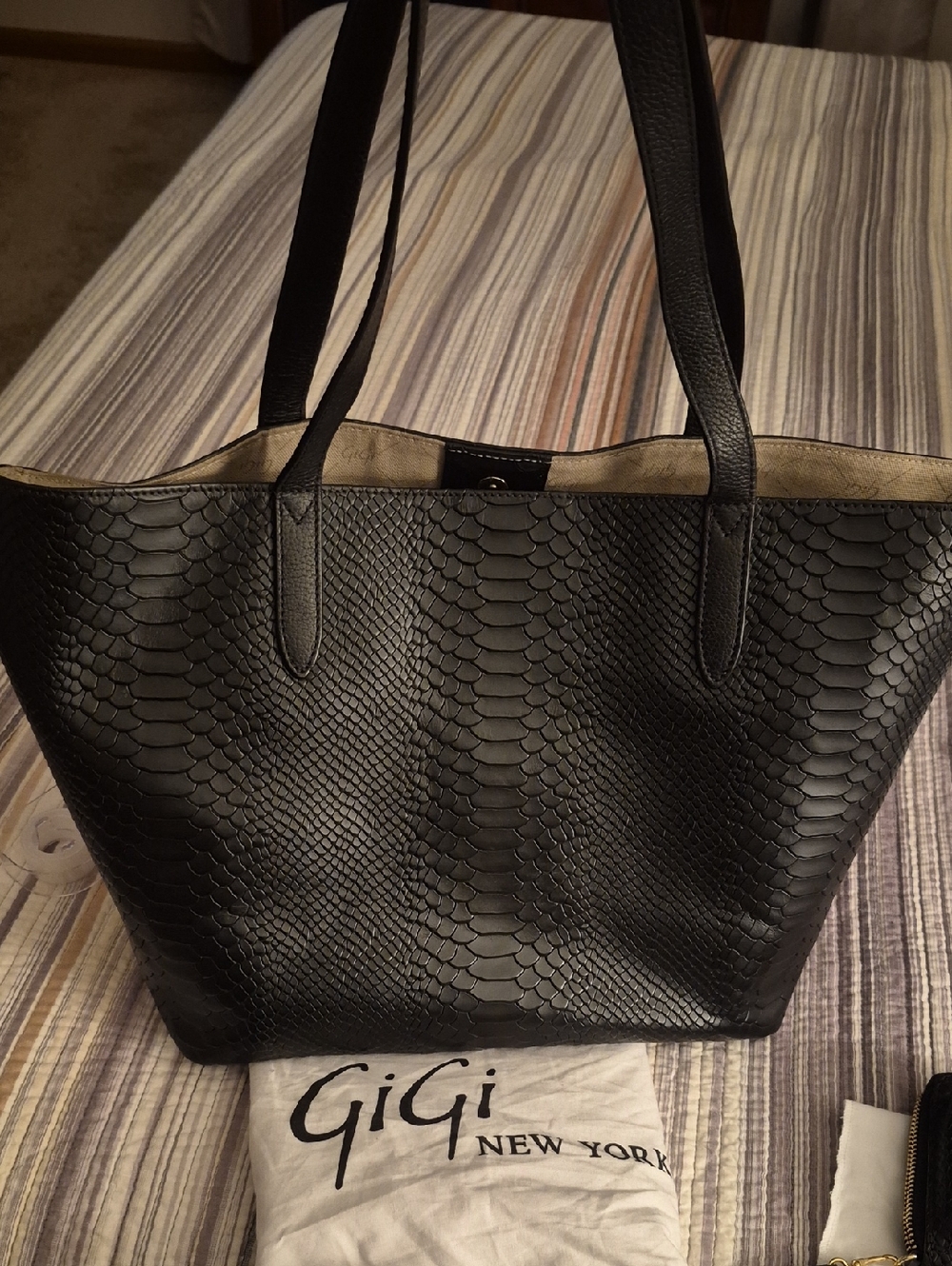 GiGi New York Black Embossed Snake-Texture Leather Tote